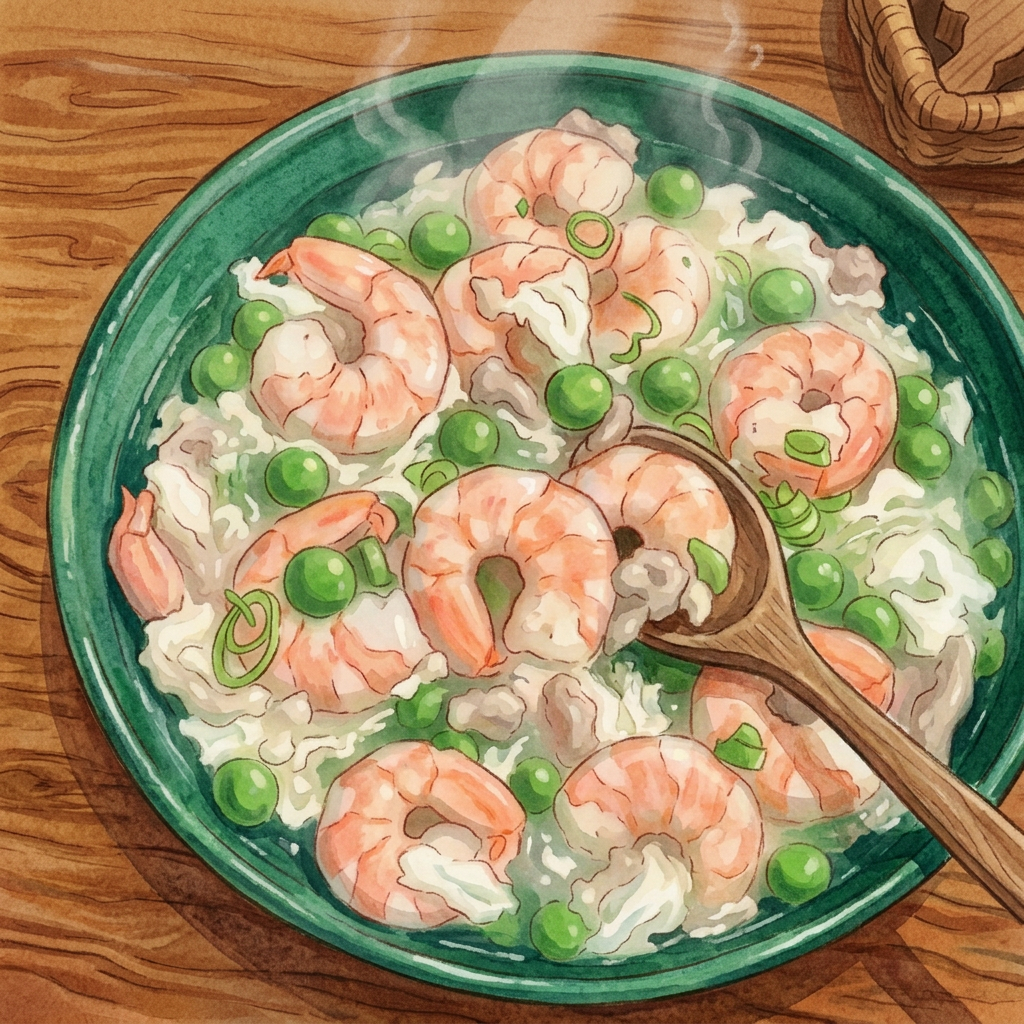 Ghibli-style illustration of Chi Zhi Xia, a traditional Chinese dish, with watercolor textures and warm, magical ambiance.