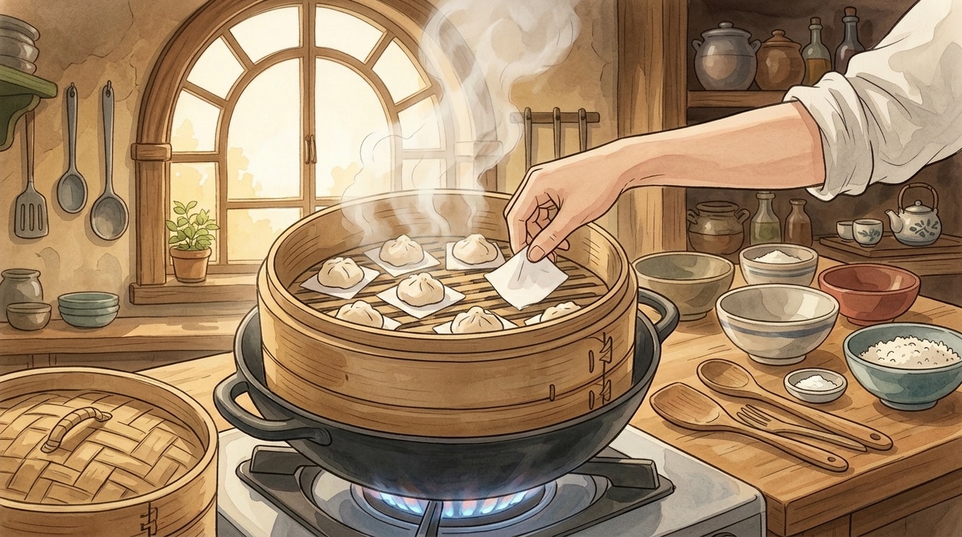 Ilustración estilo Ghibli de un paso de preparación de Oni-manju, mostrando ingredientes y utensilios en una cocina cálida.