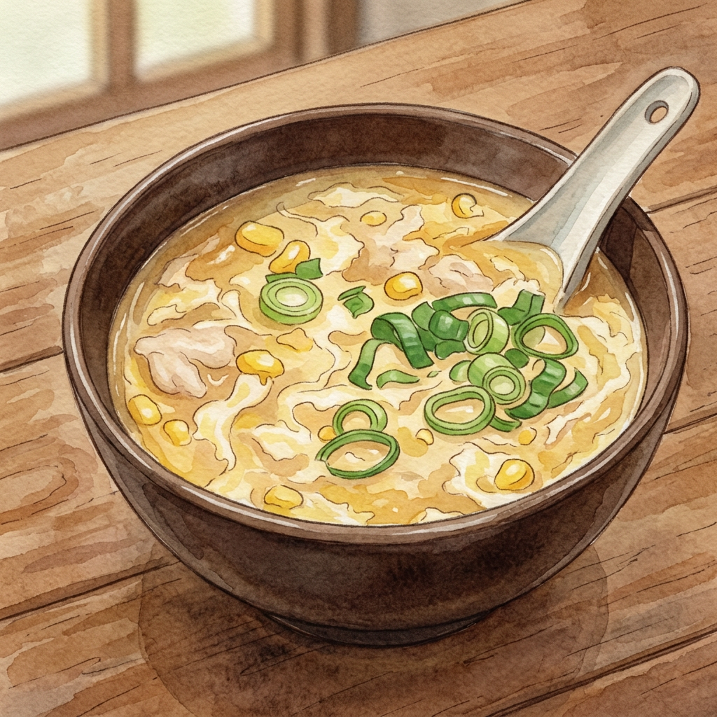 Иллюстрация куриного супа с кукурузой (鸡蓉粟米羹) в стиле Studio Ghibli, акварель, аниме-еда