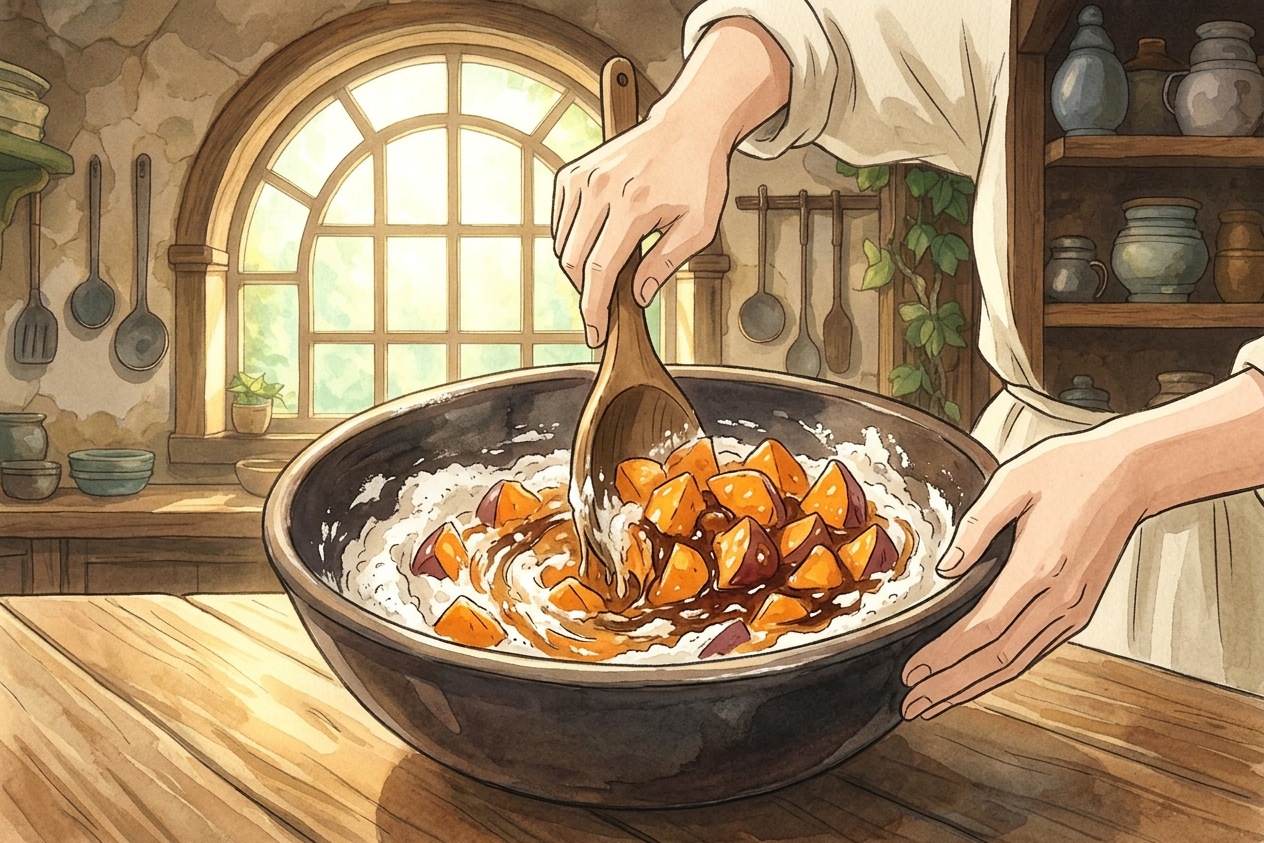 Ilustración de un paso de preparación de Oni-manju (鬼饅頭) en estilo Ghibli, con ingredientes japoneses.