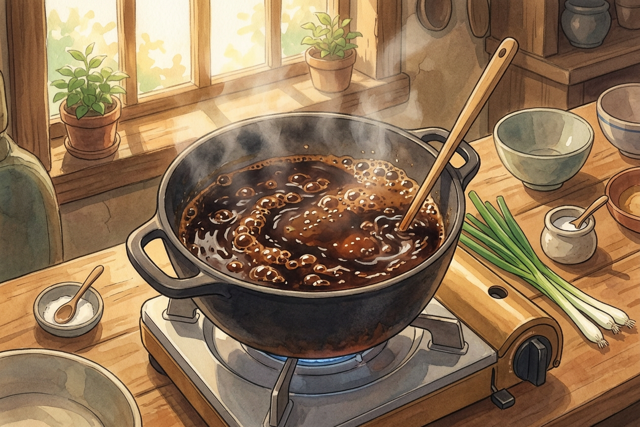 Illustrazione passo ricetta Yakitori (Giappone) in stile Ghibli: preparazione autentica con Umami Guru.
