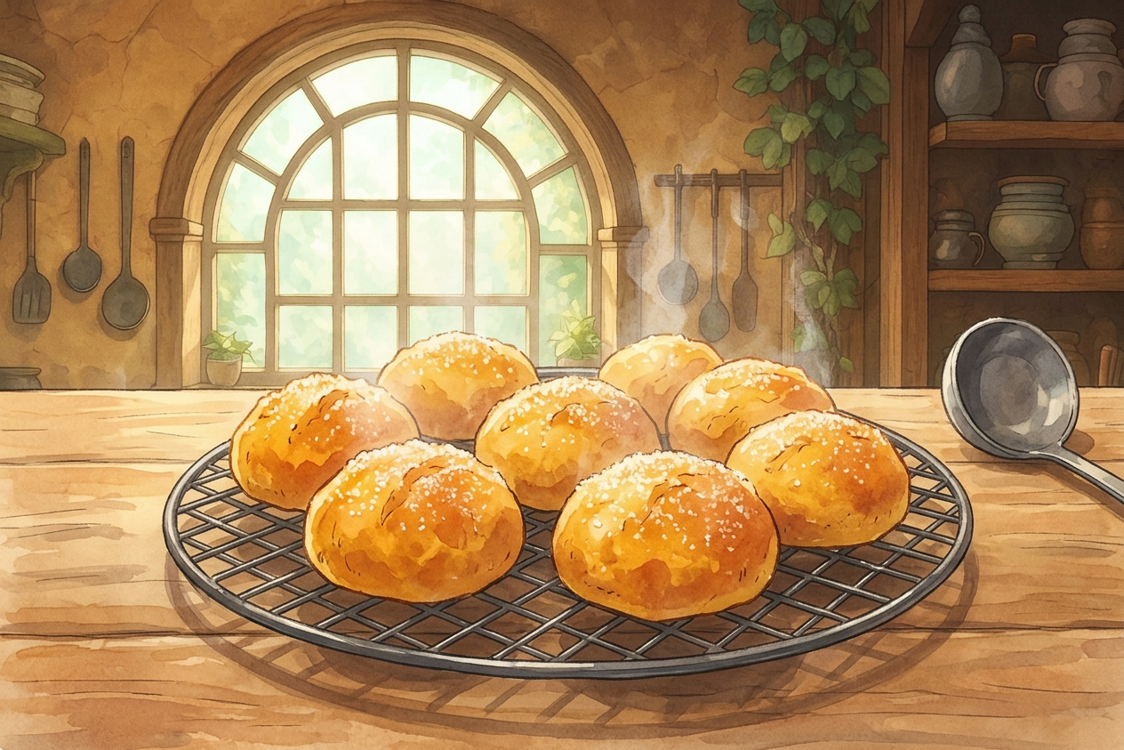 Ilustración estilo Ghibli de Oni-manju, dulce japonés con batata, vapor y acuarela.