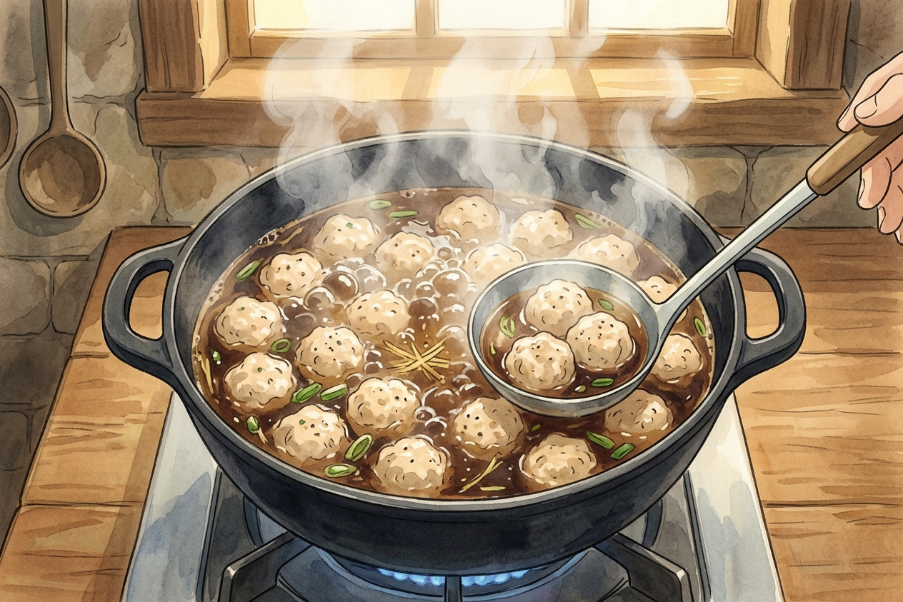 Illustrazione passo a passo della preparazione del Yakitori, stile Studio Ghibli