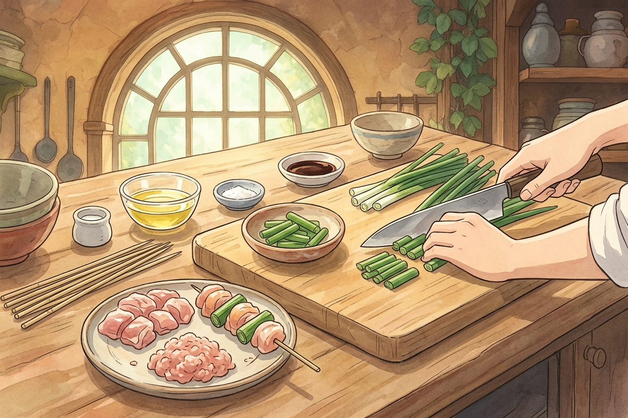 Illustrazione passo preparazione Yakitori (Giappone) in stile Studio Ghibli, cucina giapponese autentica