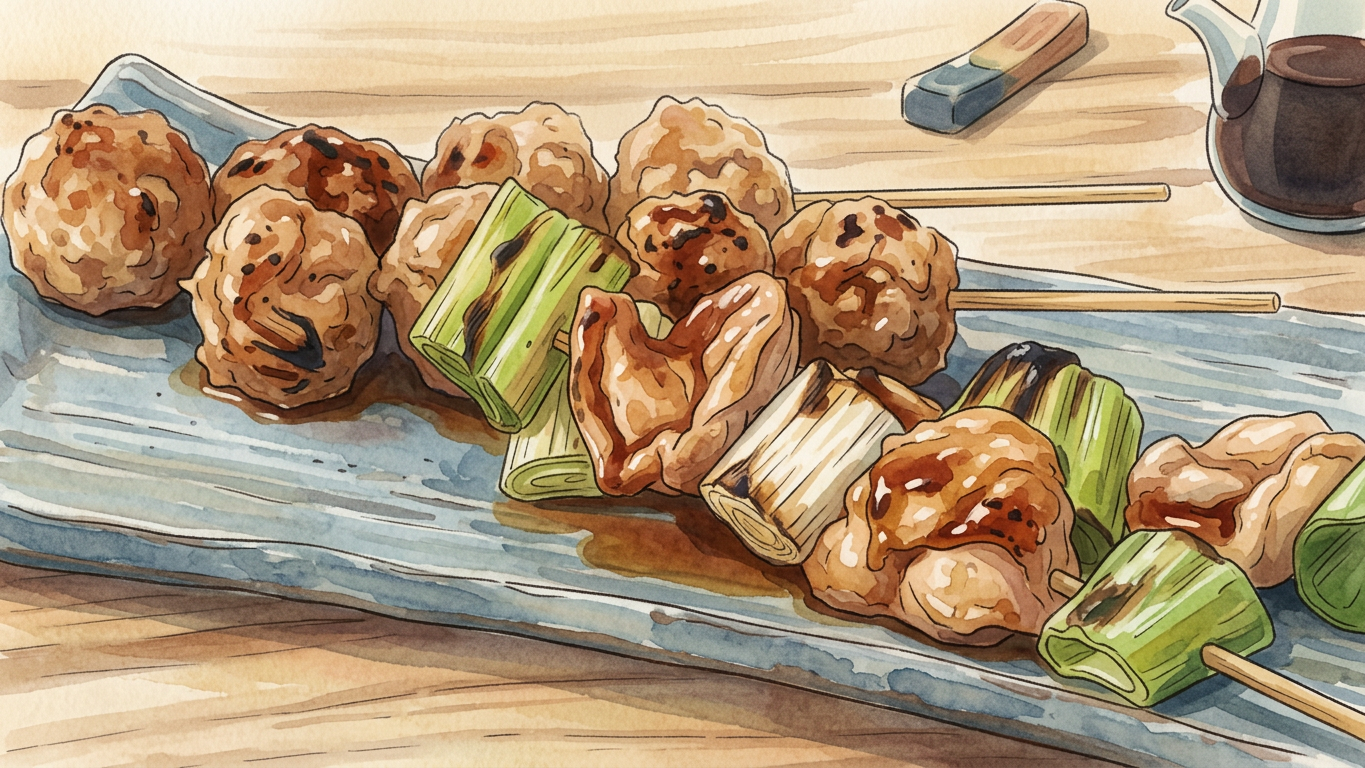 Illustrazione stile Ghibli di Yakitori giapponese, spiedini di pollo grigliati con salsa teriyaki e cipollotti freschi.