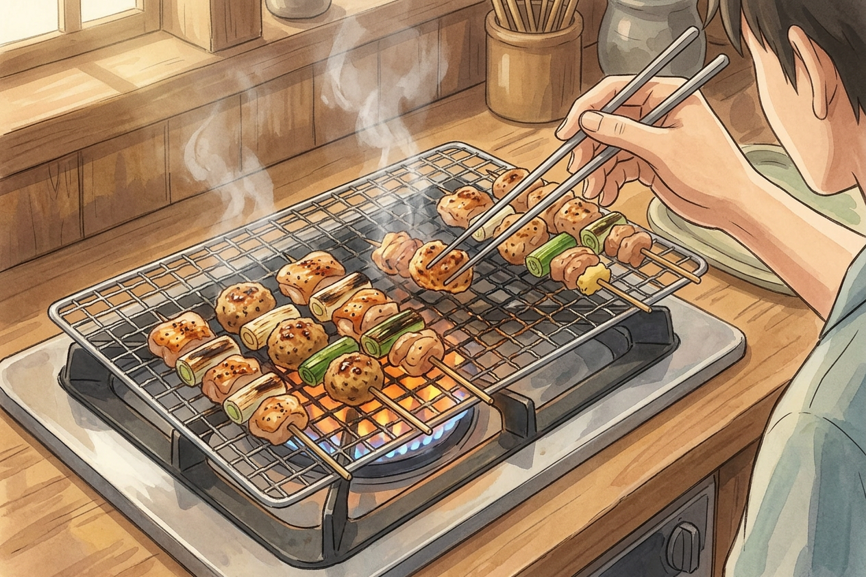 Illustrazione passo 4 della ricetta Yakitori (Giappone) in stile Studio Ghibli, con atmosfera calda e accogliente.
