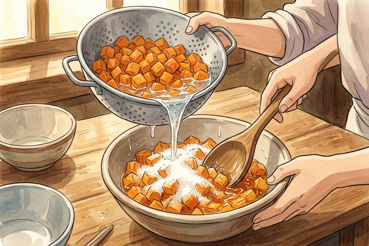 Ilustración estilo Ghibli de un paso de preparación de Oni-manju, mostrando ingredientes frescos en una cocina cálida.