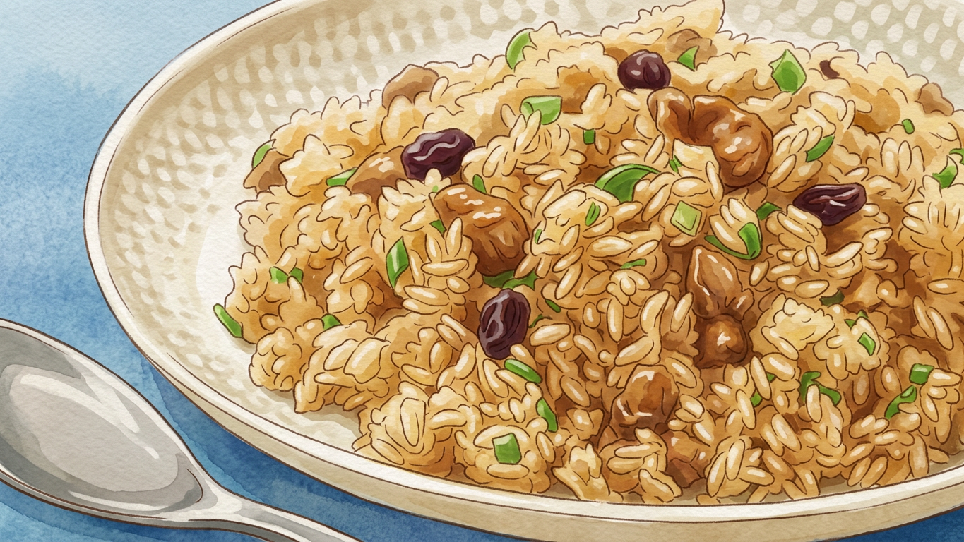 Doraikare (Japan) – Anime-Illustration im Ghibli-Stil, warm und einladend, mit Reis, Curry und Beilagen
