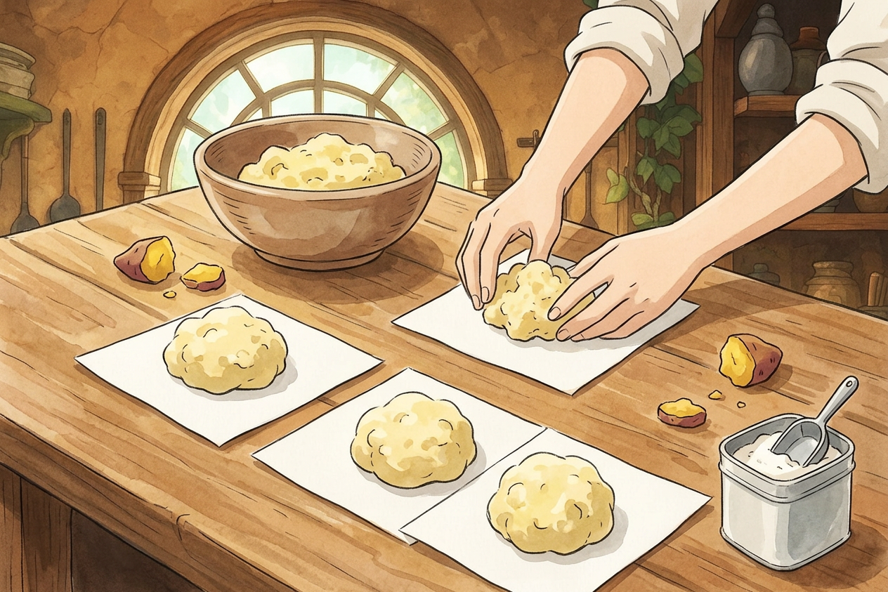 Ilustración estilo Ghibli de un paso de preparación de Oni-manju, con ingredientes japoneses y ambiente cálido.