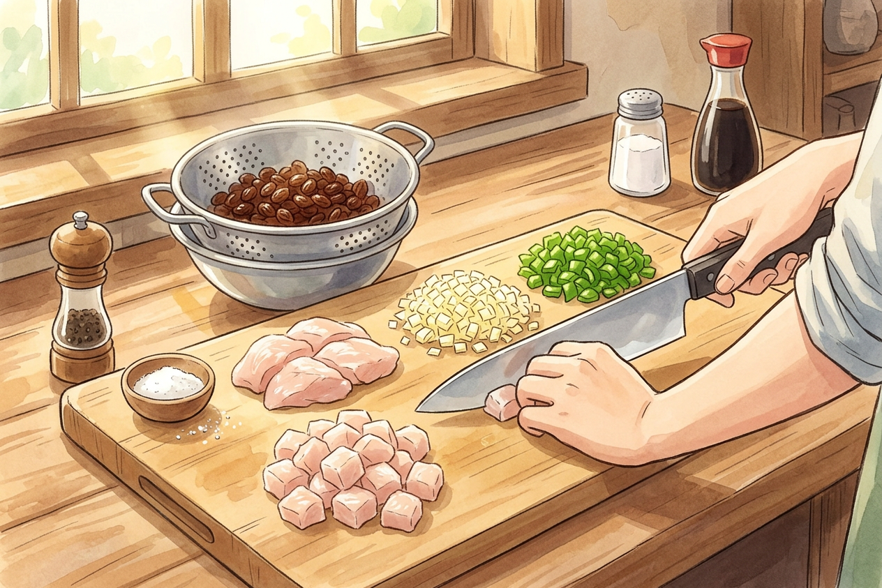 Doraikare Rezept Schritt 1: Zutaten vorbereiten im Ghibli-Stil, handgezeichnete Anime-Illustration