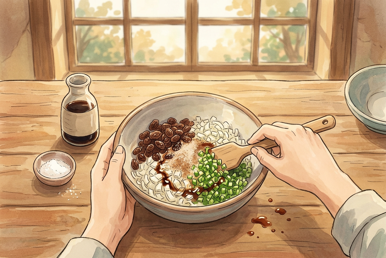 Illustrierte Zubereitung von Doraikare im Ghibli-Stil: japanische Küche, Umami Guru Rezeptschritt