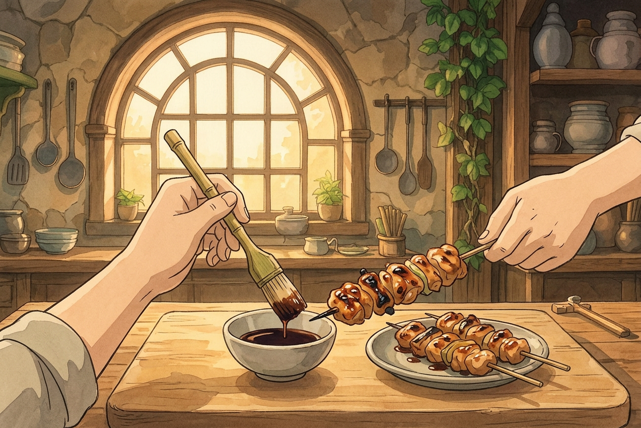 Illustrazione passo ricetta Yakitori, stile Ghibli, Umami Guru