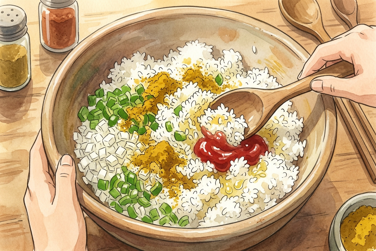 Doraikare Rezept Schritt 2: Eine bezaubernde Ghibli-Illustration, die die Zubereitung japanischer Küche zeigt.