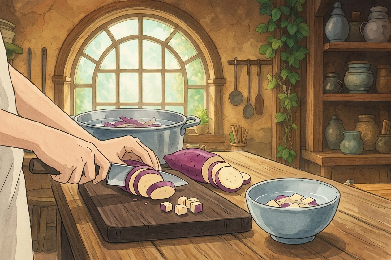Ilustración estilo Ghibli de la preparación de Oni-manju, con ingredientes frescos y ambiente cálido.