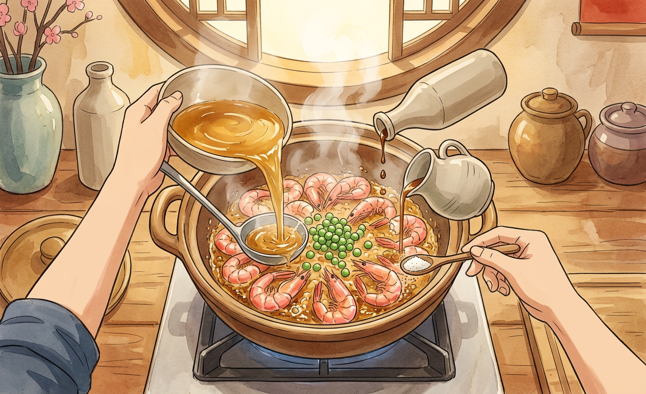 Ghibli-style illustration of a step in preparing Chi Zhi Xia, showcasing the enchanting aesthetic of Asian cuisine.