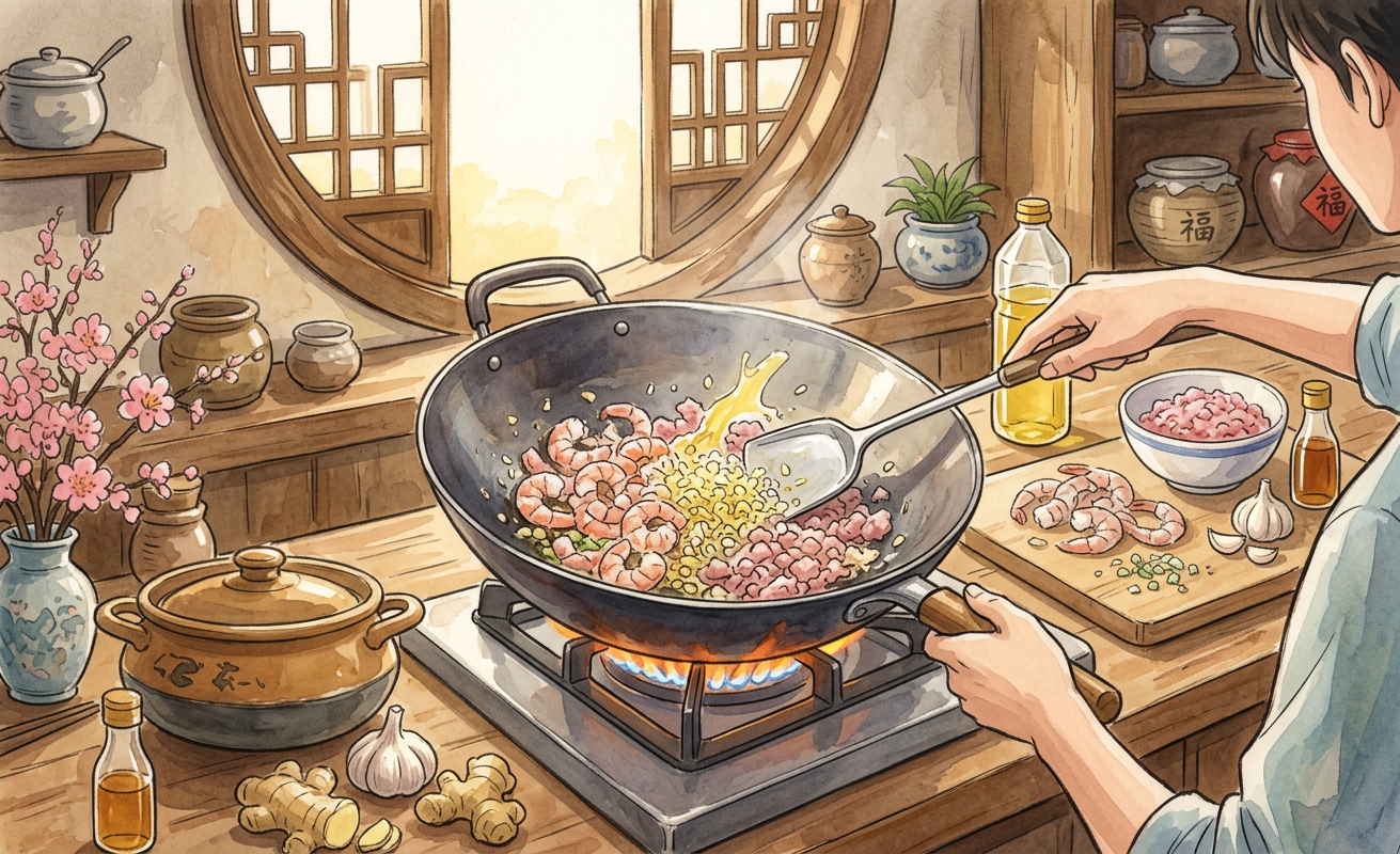 Illustrated step 2 for Chi Zhi Xia recipe, capturing the essence of Chinese cooking with a whimsical Ghibli aesthetic.