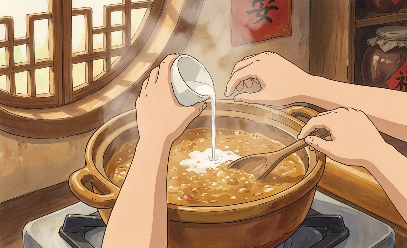 Ghibli-style illustration of a step in preparing Chi Zhi Xia, showcasing the beauty of Chinese cuisine.