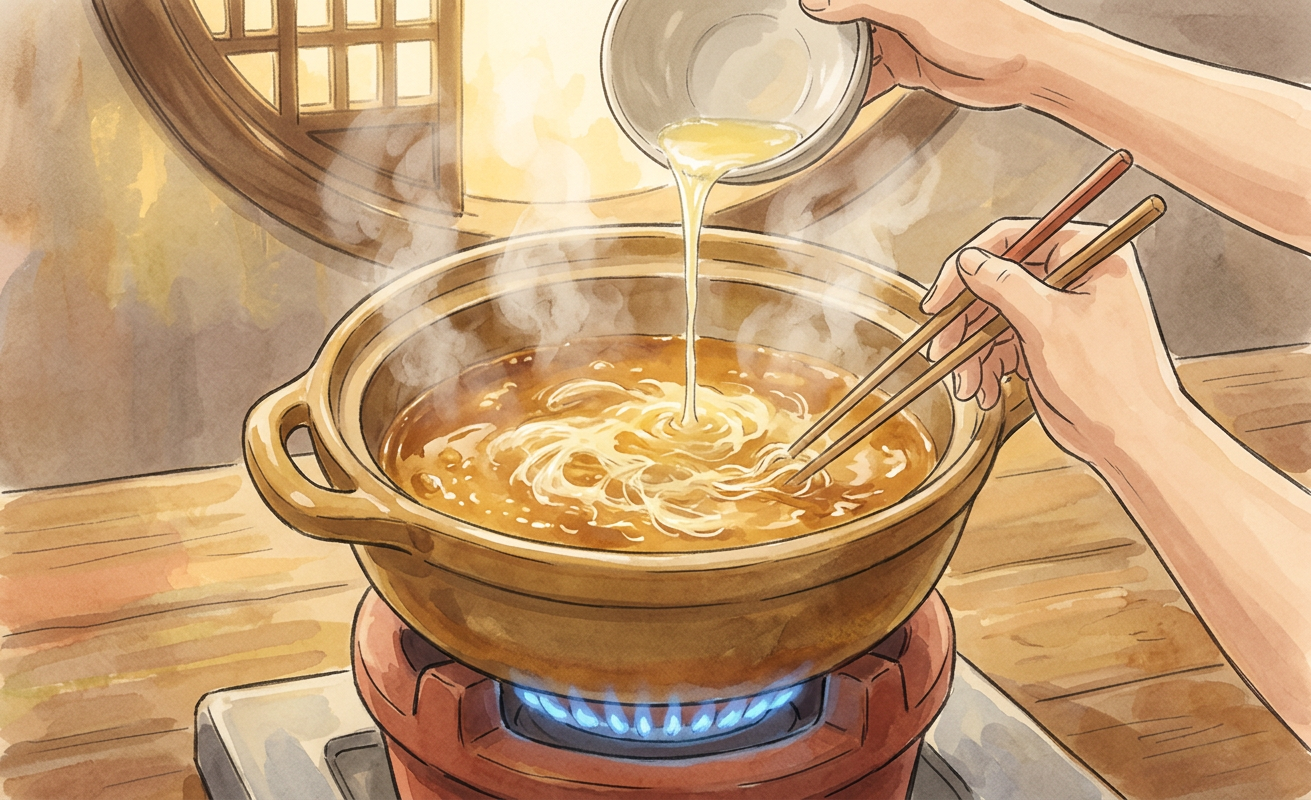 Illustrated step-by-step guide for preparing Chi Zhi Xia, featuring a Ghibli-inspired art style and warm colors.