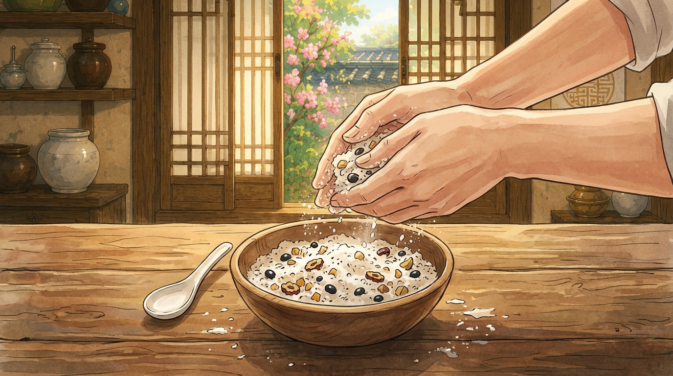 Chaltteok Rezept Schritt 6: Eine zauberhafte Ghibli-Illustration des koreanischen Desserts in der Zubereitung.