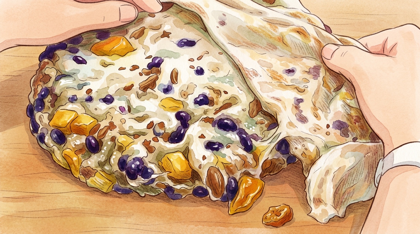 Charmante Ghibli-Illustration eines Schritts im Chaltteok-Rezept, Umami Guru App