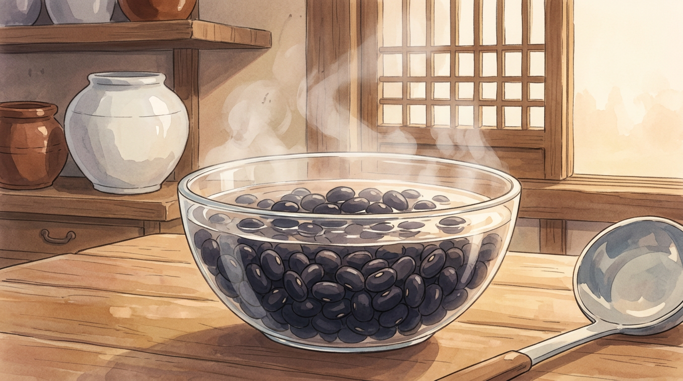 Chaltteok Rezept Schritt 1 Illustration im Ghibli-Stil: Zutaten vorbereiten für koreanischen Reiskuchen