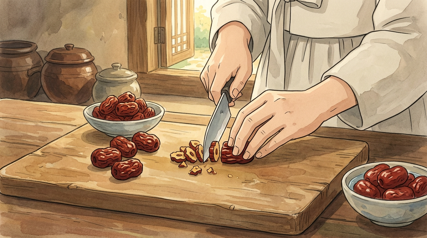 Chaltteok Rezept Schritt 2 Illustration im Ghibli-Stil: Koreanische Küche, traditionelle Zubereitung