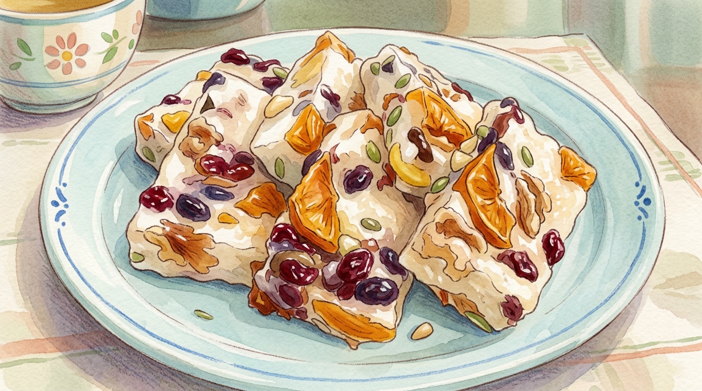 Handgezeichnete Illustration von Chaltteok, einem koreanischen Reiskuchen, im Studio Ghibli-Stil mit warmen Farben und weichen Texturen.