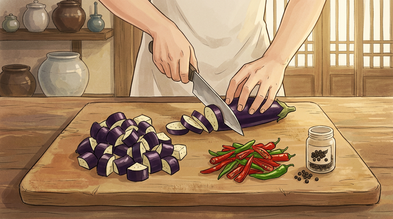 Баклажанные половинки, нарезанные на кусочки ≈½ дюйма, и полоски чили‑перца