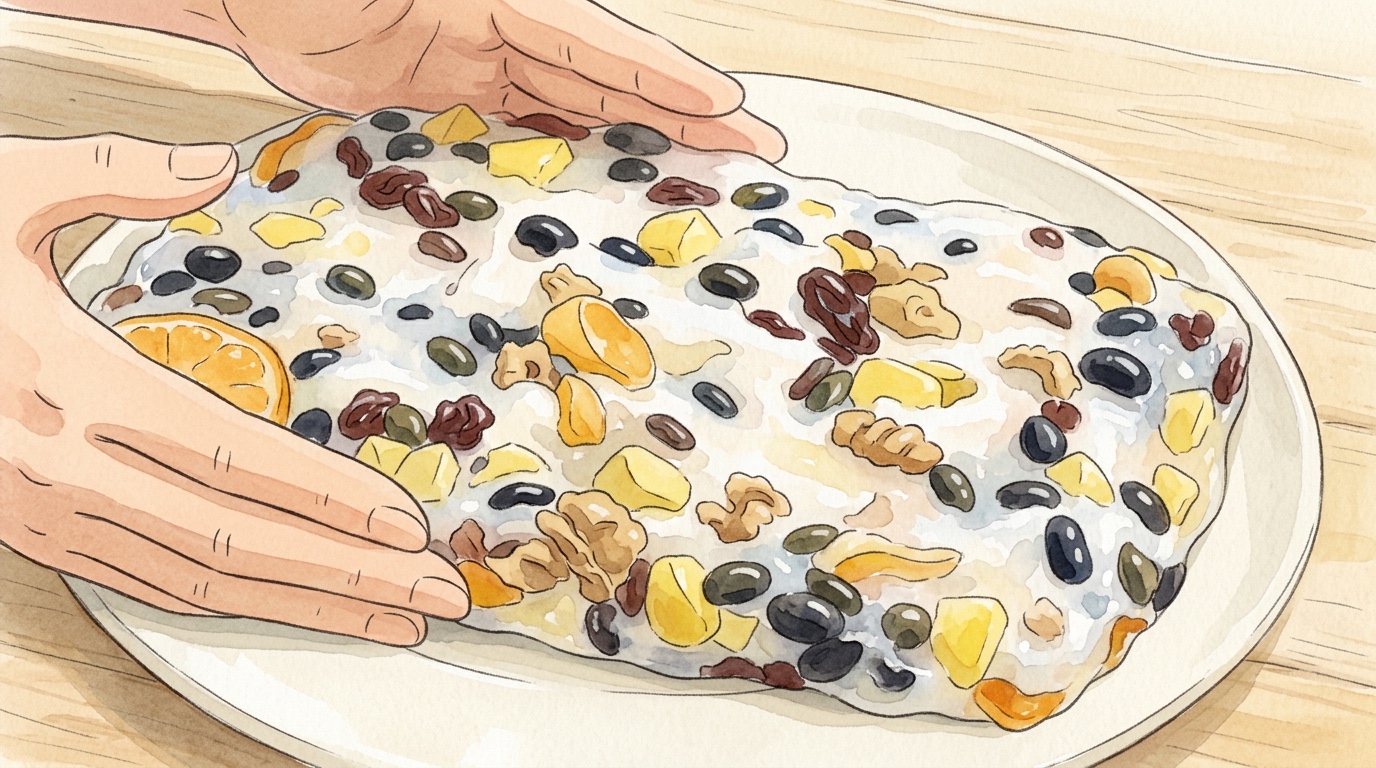 Schritt 12 der Chaltteok-Zubereitung im Ghibli-Stil: Eine zauberhafte Illustration des koreanischen Reiskuchens.
