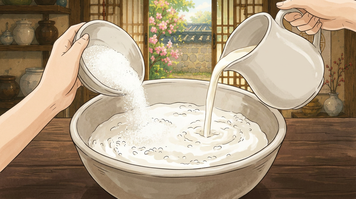 Chaltteok Rezept Schritt 5 Illustration im Ghibli-Stil, Umami Guru