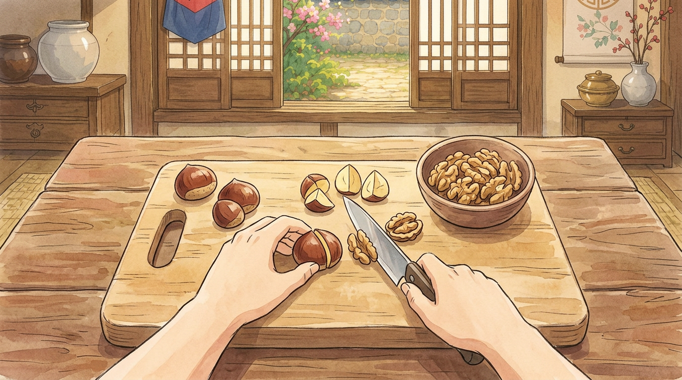 Chaltteok Rezeptschritt: Eine handgezeichnete Illustration im Ghibli-Stil, die einen Moment des Kochens zeigt.