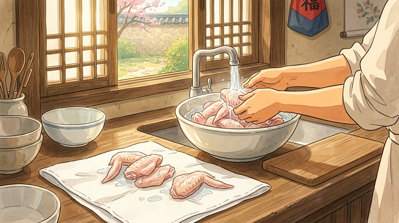 Illustration style Ghibli d'une étape de préparation du Hansik Obeun Dangnalgae, ambiance chaleureuse et authentique.
