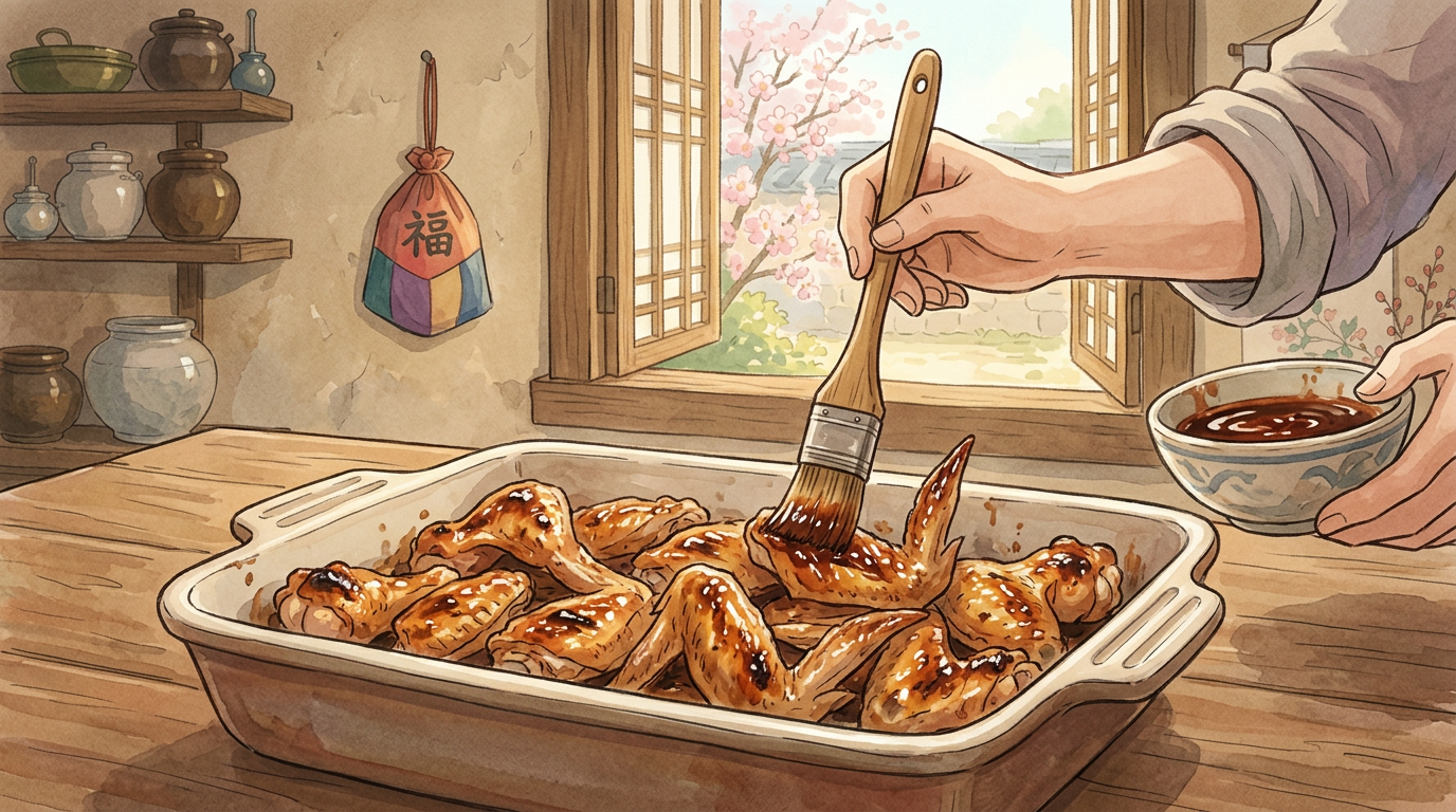 Illustration d'une étape de préparation du Hansik Obeun Dangnalgae, ambiance Studio Ghibli, couleurs chaudes