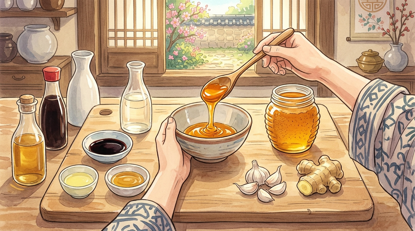 Illustration de style Ghibli montrant une étape de préparation du Hansik Obeun Dangnalgae, poulet coréen rôti.