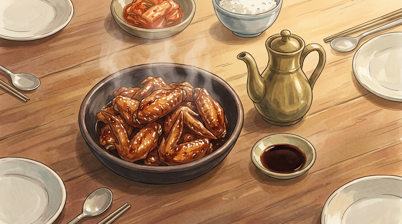 Illustration de l'étape de préparation du Hansik Obeun Dangnalgae, style Ghibli, Umami Guru