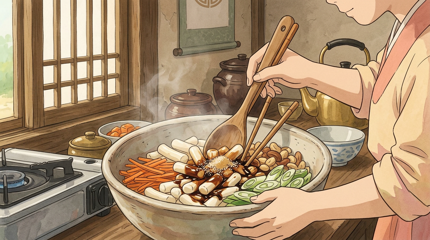 Иллюстрация шага приготовления корейского блюда 宫中炒年糕 (Gungjung Tteokbokki) в стиле Studio Ghibli