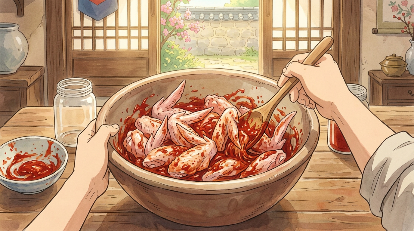 Illustration de l'étape de préparation du Hansik Obeun Dangnalgae, style Ghibli, Umami Guru
