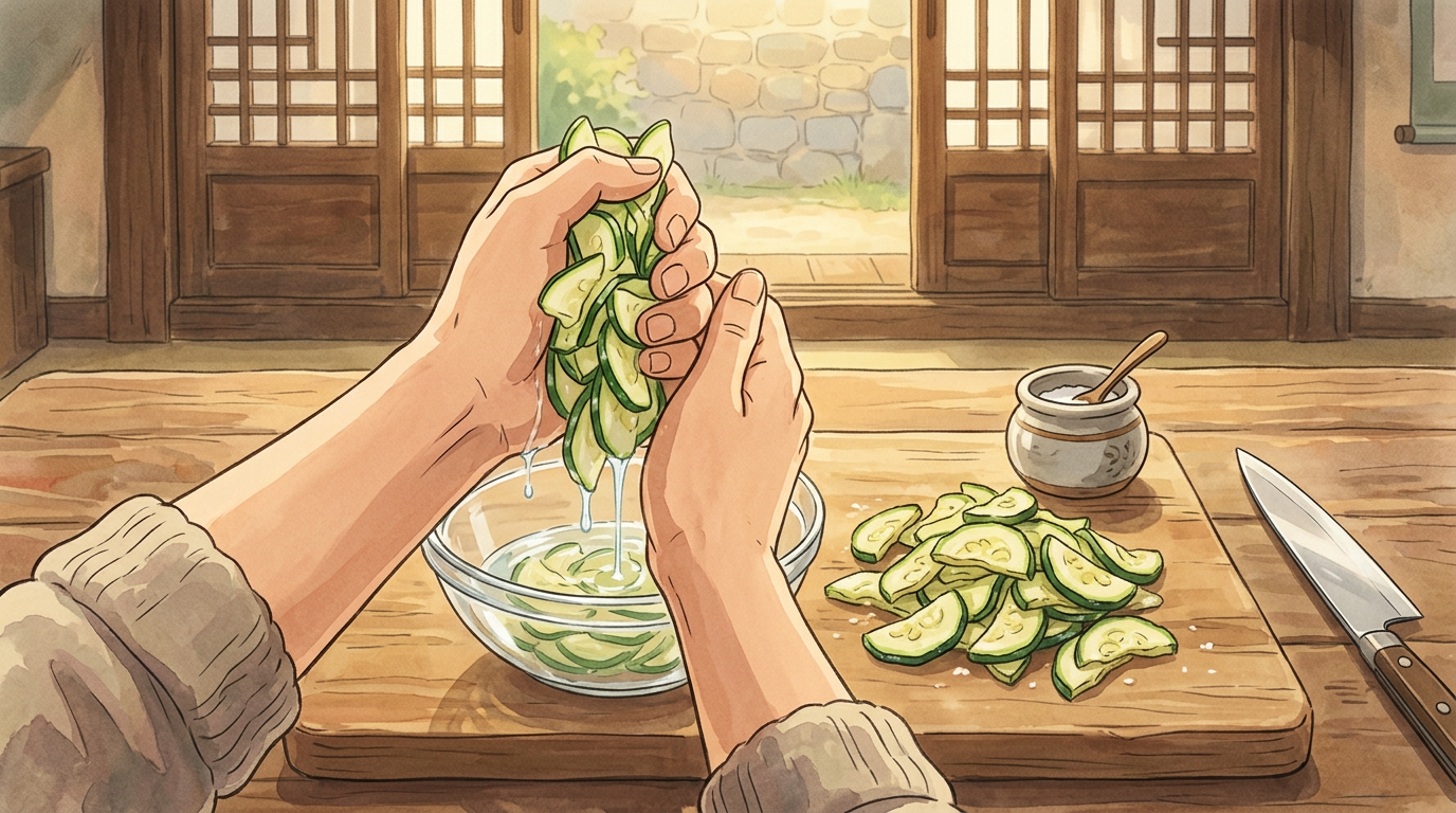 Иллюстрация шага приготовления корейского блюда 宫中炒年糕 (Gungjung Tteokbokki) в стиле Studio Ghibli