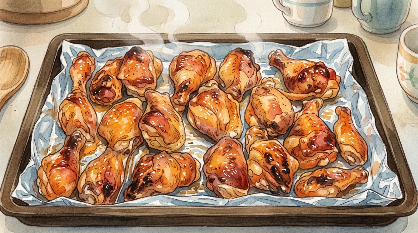 Illustration style Ghibli de Hansik Obeun Dangnalgae, poulet coréen rôti, sur une table en bois