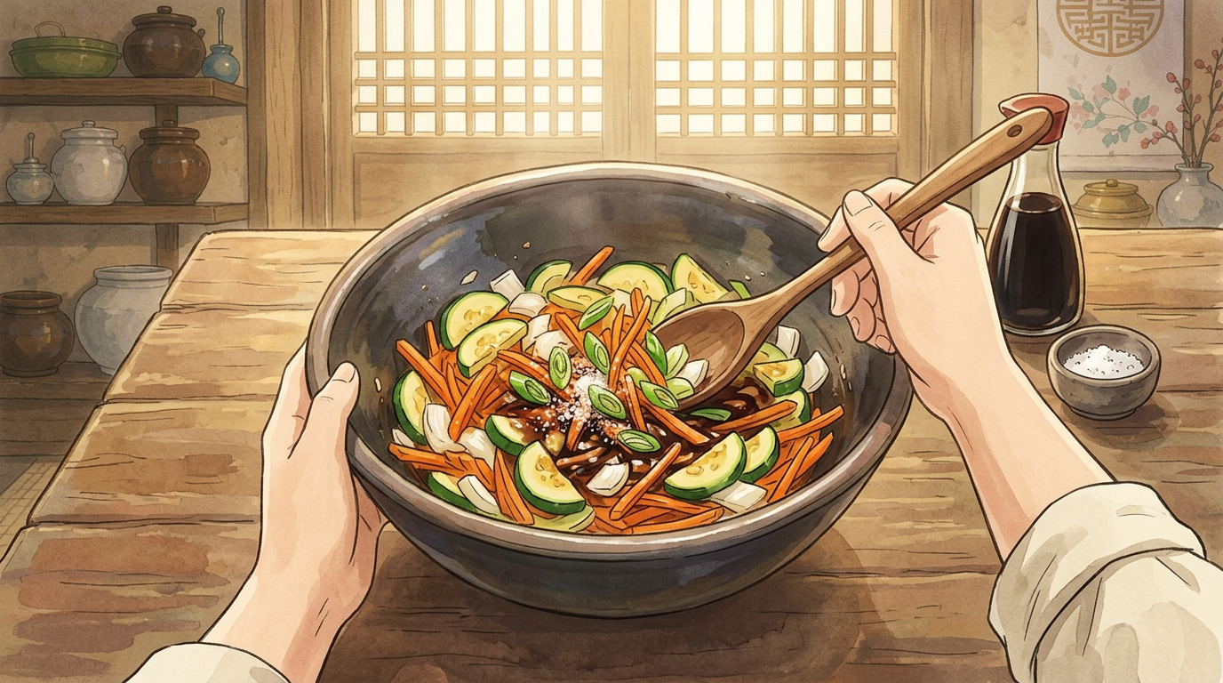 Иллюстрация шага приготовления корейского блюда 宫中炒年糕 (Gungjung Tteokbokki) в стиле Studio Ghibli
