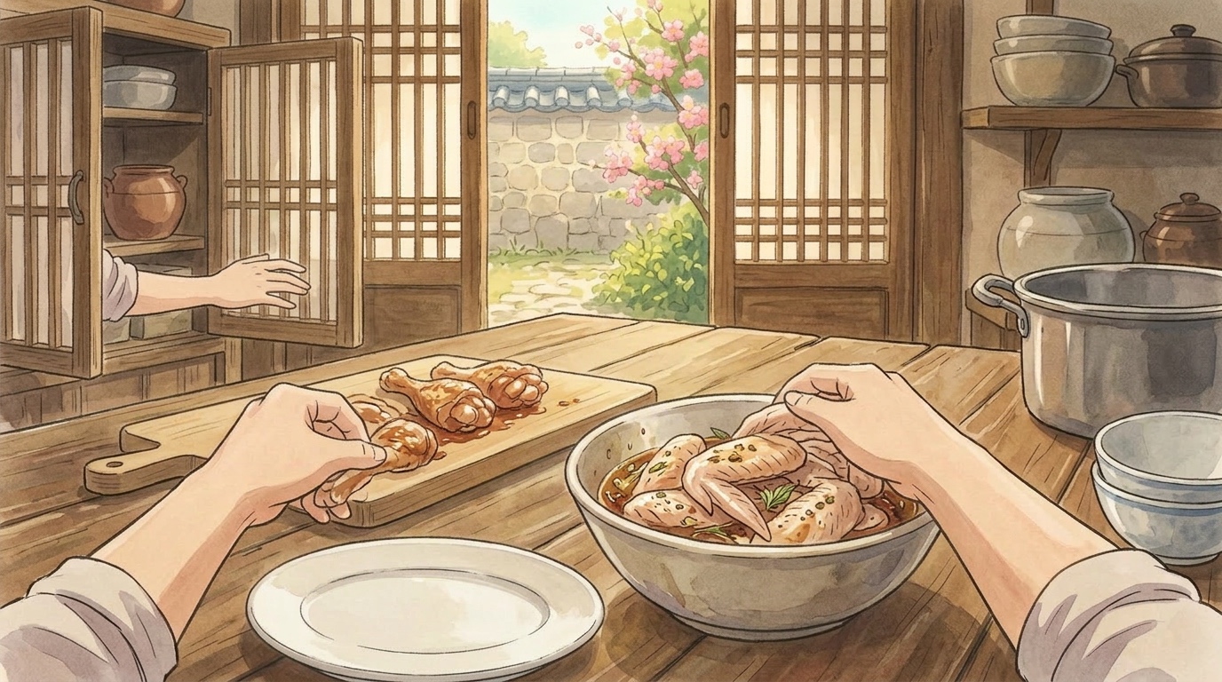 Illustration d'une étape de préparation du Hansik Obeun Dangnalgae, style Ghibli, ambiance chaleureuse et féerique.