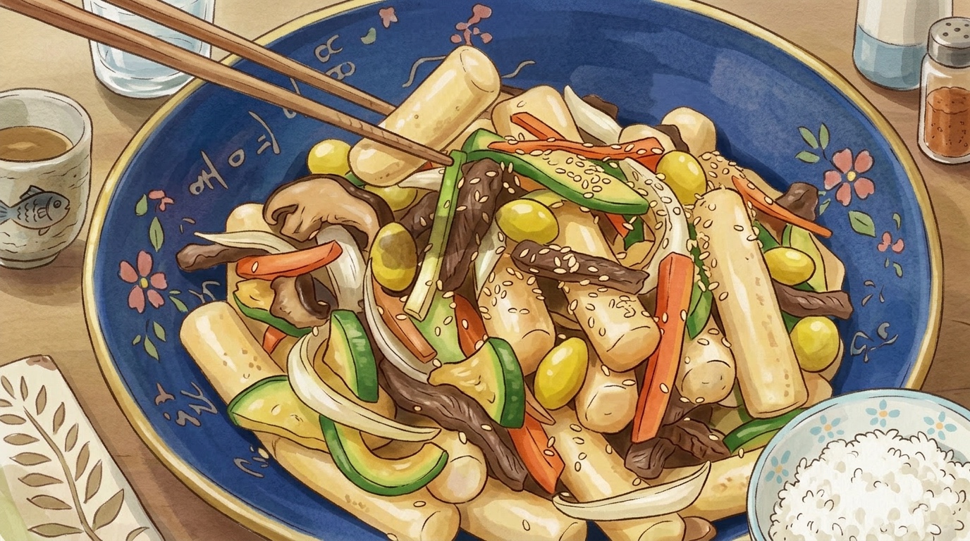 Иллюстрация корейского блюда "宫中炒年糕" (Gungjung Tteokbokki) в стиле Studio Ghibli, с акварельными текстурами и тёплой атмосферой.