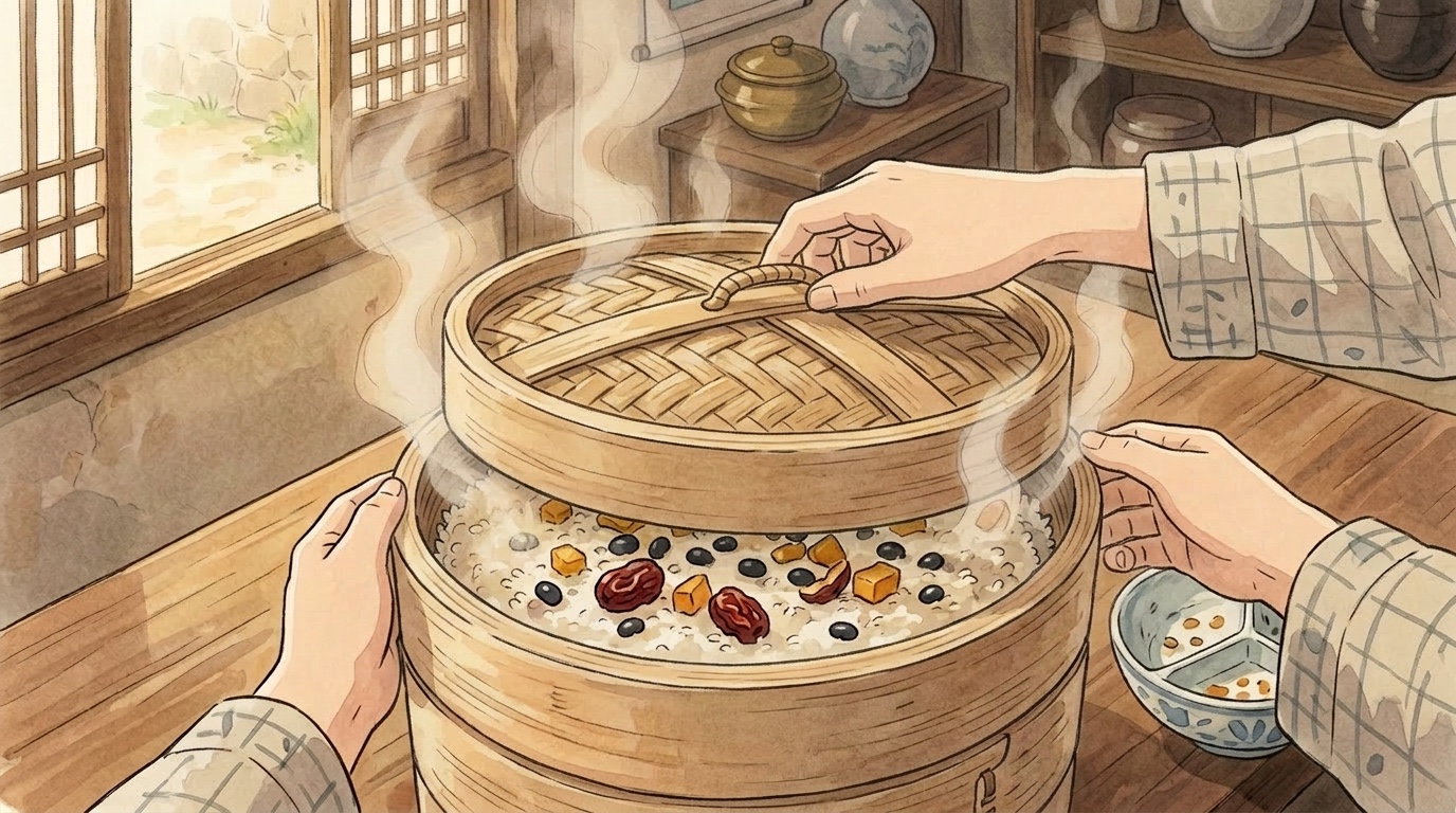 Zubereitungsschritt für Chaltteok im Ghibli-Stil: Eine warme, märchenhafte Illustration des Kochprozesses.