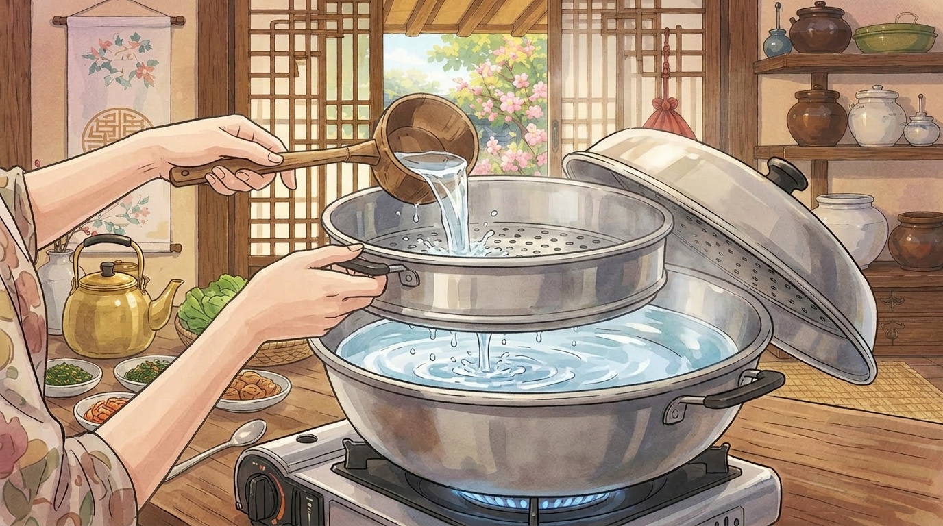 Chaltteok (찰떡) Zubereitungsschritt 8: Eine handgezeichnete Ghibli-Illustration, die den Kochprozess zeigt.