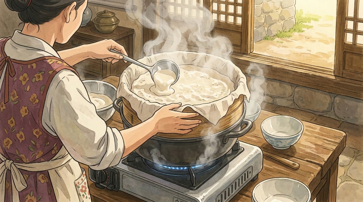 Chaltteok Zubereitungsschritt im Ghibli-Stil: eine Szene aus dem Kochprozess mit warmen Farben.